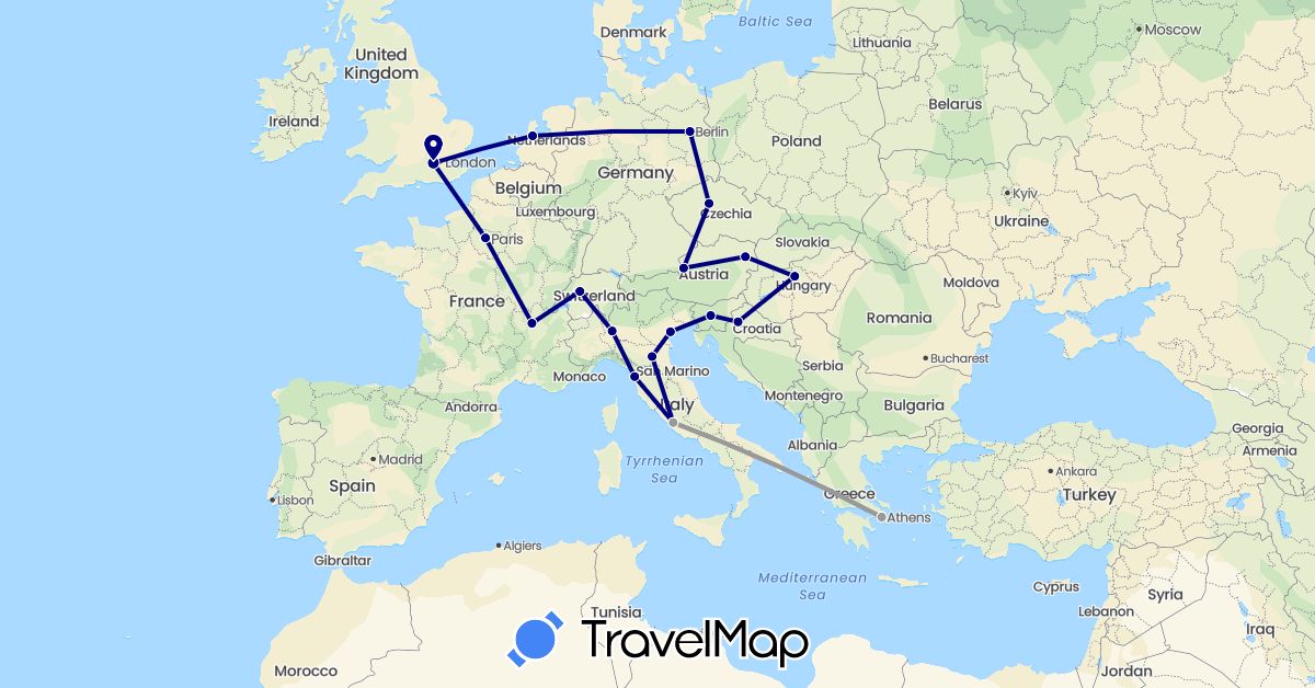 TravelMap itinerary: driving, plane in Austria, Switzerland, Czech Republic, Germany, France, United Kingdom, Greece, Croatia, Hungary, Italy, Netherlands, Slovenia (Europe)