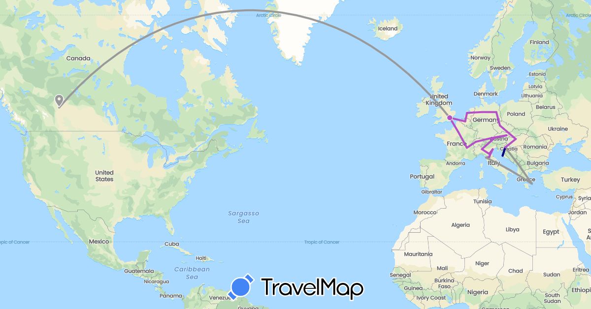 TravelMap itinerary: driving, plane, train in Austria, Belgium, Canada, Switzerland, Czech Republic, Germany, France, United Kingdom, Greece, Croatia, Hungary, Italy, Netherlands (Europe, North America)